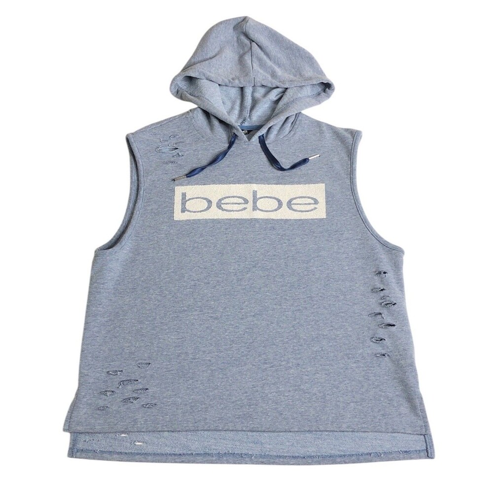 Bebe Sport Hoodie Womens S Blue Distressed Sleeveless Oversized Grunge Preppy